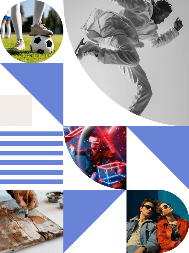 Collage of athletes, a dancer, a gamer, a painter, and fashion models